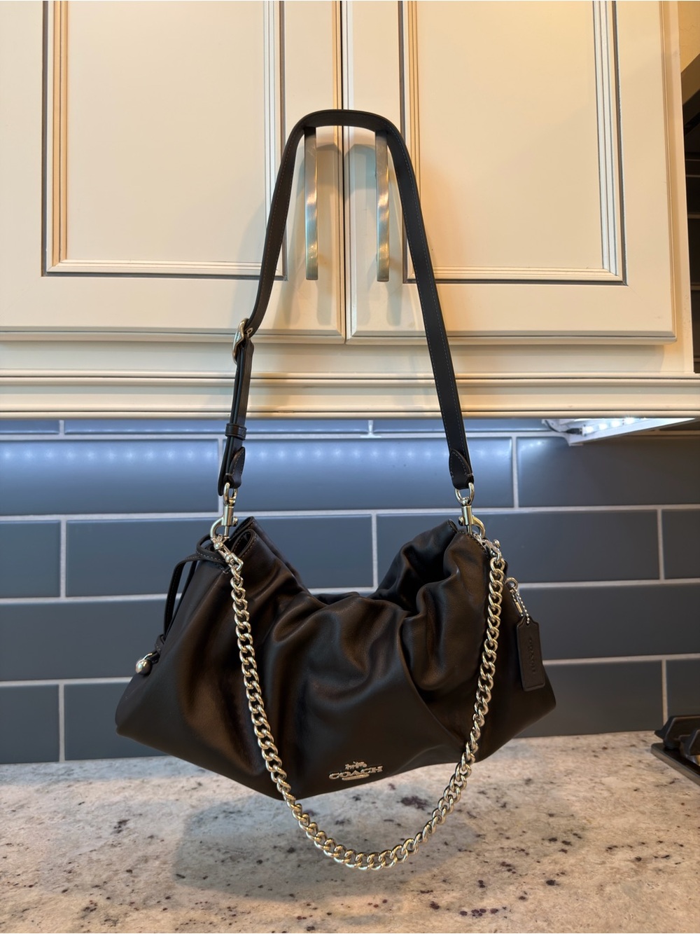 Like New Coach Large Faye Black Leather Shoulder Bag with Silver Chain - Picture 4 of 16